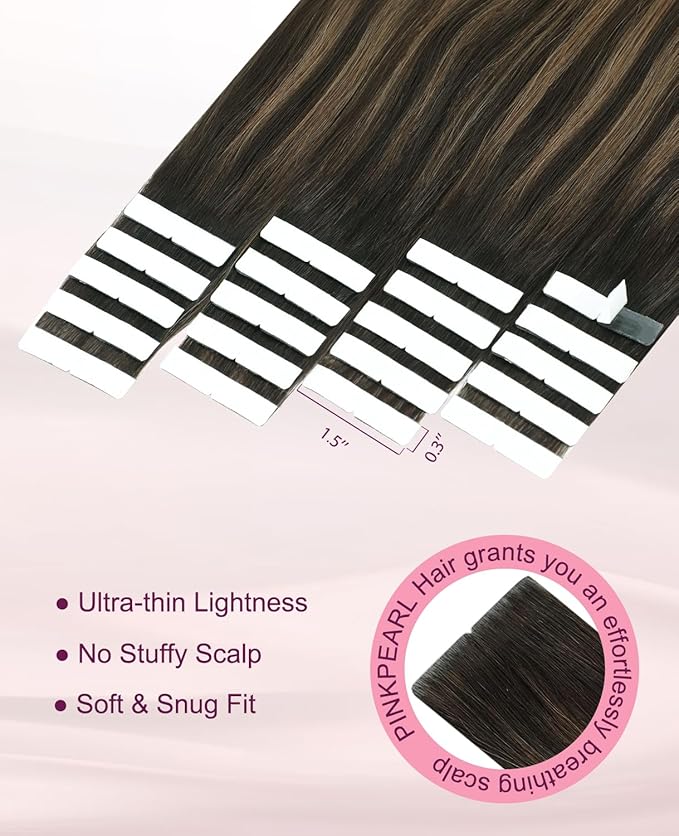 Pinkpearl Invisible Tape in Hair Extensions Human Hair, 20pcs 16inch 45g #2/6/18 Balayage Dark Brown to Chestnut Brown and Ash Blonde Injection Tape in Extensions Real Remy Human Hair Injected