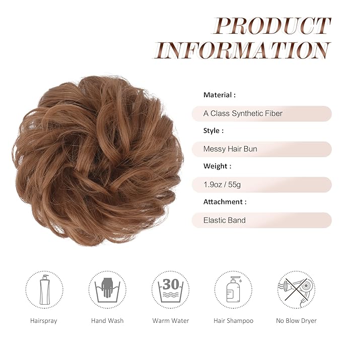 FESHFEN Messy Bun Hair Piece - Large Elastic Wavy Curly Hair Bun Scrunchies Ponytail Extensions Synthetic Chignon Hairpieces for Women, Copper Brown 1.94oz
