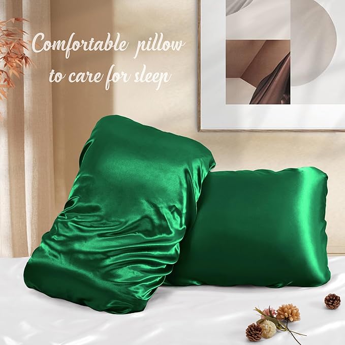 Manyshofu Satin Pillowcases for Hair Protection - 1Pcs Green Pillow Cases, Elastic Band Standard & Queen Satin Pillowcases Luxury Silky Pillow Cases Travel Pillow Covers