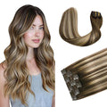 XDhair Clip in Hair Extensions Human Hair 100g 16 Inch Chocolate Brown to Caramel Blonde Real Human Hair Clip in Extensions Straight Soft Natural 6pcs (16inch, #4/27/4)