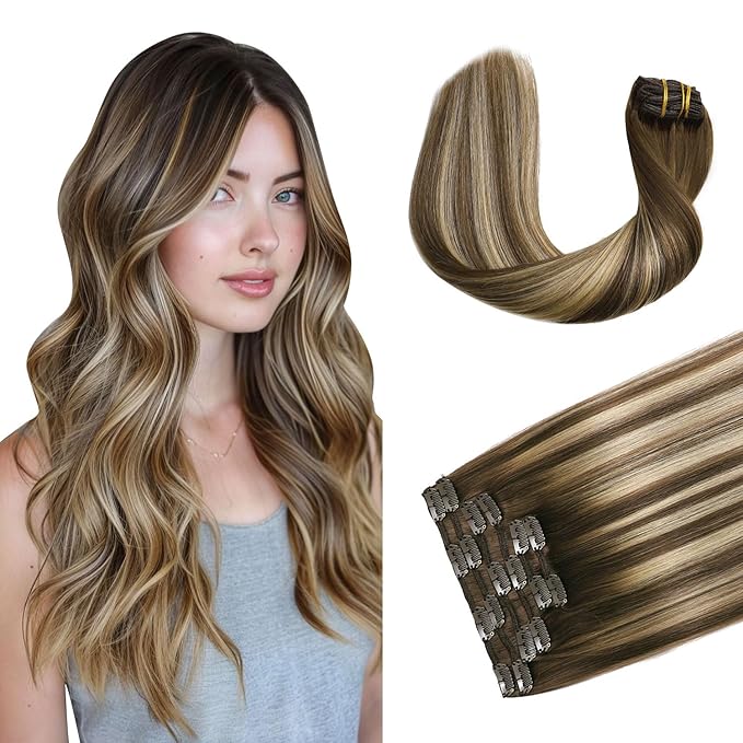 XDhair Human Hair Clip in Extensions 120g 20 Inch Chocolate Brown to Caramel with Chocolate Brown Roots Clip in Hair Extensions Real Human Hair Silky Straight 6pcs #4/27/4