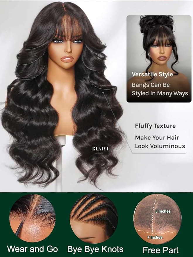 KLAIYI Fluffy Body Wave Curtain Bang Wig Bye Bye Knots Glueless Pre Cut 7x5 Lace Front Wigs Human Hair Loose Wave Pre Bleached Pre Plucked Pre Everything 3S Easy to Wear and Go Wig 180% Density 22Inch