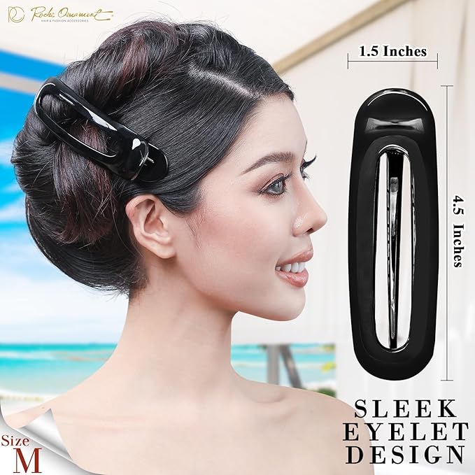 RC ROCHE 6 Pcs Flat Claw Hair Clips for Women Alligator French Barrette Long Thick Hair Duckbill Curved No Slip Grip Lay Flat Side Slide Firm Classic Styling, Medium Black
