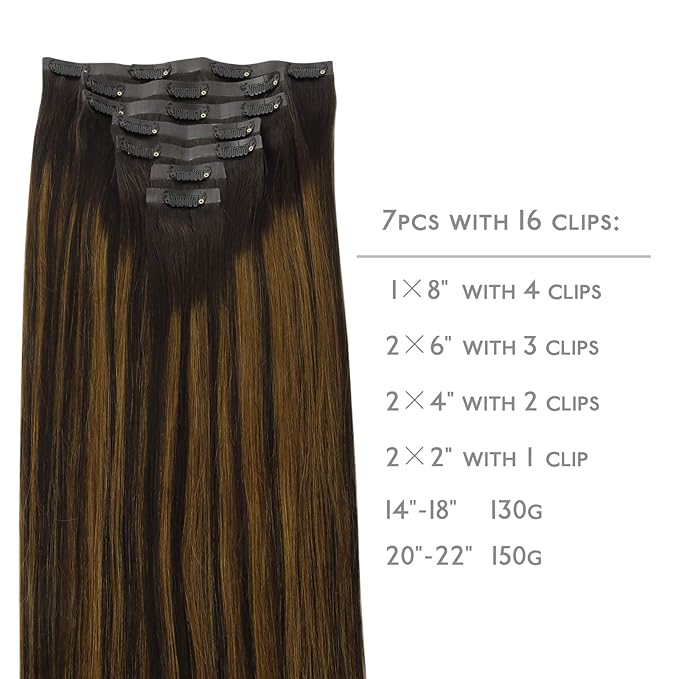 WENNALIFE Seamless Clip In Hair Extensions, 14 Inch 130g 7pcs Balayage Dark Brown to Chestnut Brown Hair Extensions Clip in Human Hair Invisible PU Skin Weft Natural Remy Human Hair Extensions