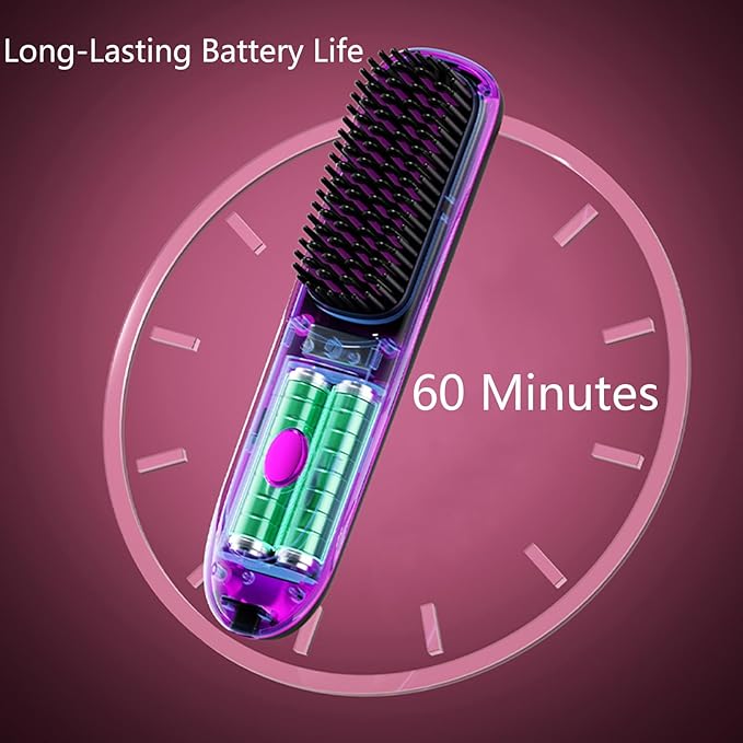 Go Brush Pro Hair Straightener – Cordless Comb with Negative Ion, 7400mAh Fast Heating & Portable Travel Design, Rechargeable Brush for Straightening and Curling (Purple-1Pcs)