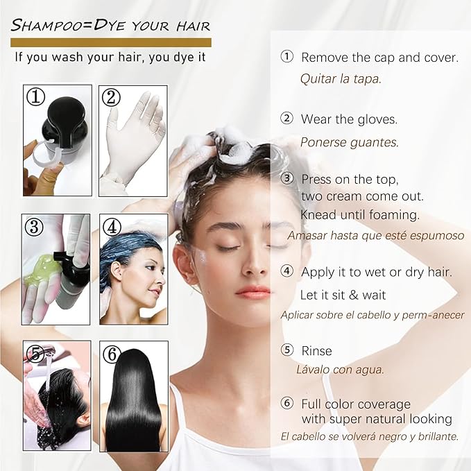 Instant Black Hair Dye Shampoo 3- in-1, 100 Percent Gray Coverage, Magic in 15 Minutes for All Types, Natural Women & Men, Color Depositing Conditioner, Easy to Use