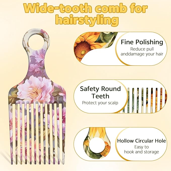2 Pcs Afro Pick Comb for Natural Curly Hair,Portable Styling Hair Pick for Travel,Anti-Static,Cute Afro Comb for Women Men and Girls(Yellow-T10)