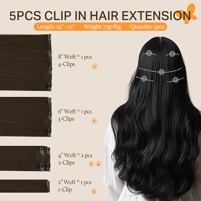 DOORES Hair Extensions Clip in Human Hair, 5pcs 80g 18 Inch Balayage Dark Brown to Chestnut Brown Clip in Human Hair Extensions Natural Hair Extensions Straight