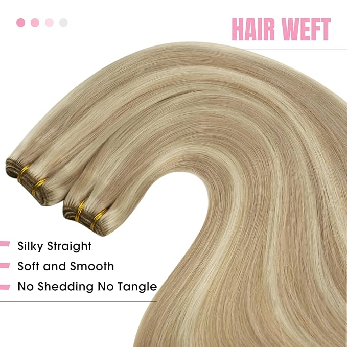YoungSee 100G Weft Hair Extensions Human Hair Short Hair Weft Extensions Golden Blonde Highlighted Light Blonde Sew in Hair Extensions Real Human Hair for Short Hair 14Inch