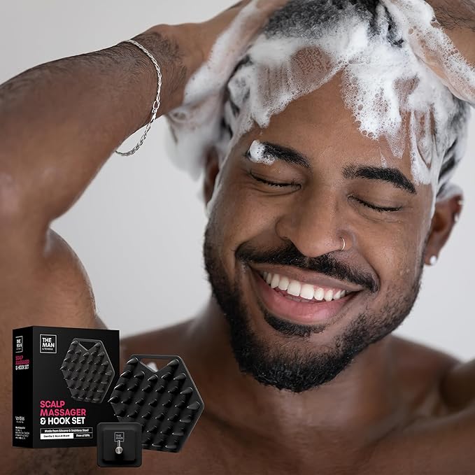 The Man Silicone Scalp Scrubber & Hook - Head Massager & Hair Brush for Men - Scalp Scrubber Exfoliator for Washing Hair - Reduces Dandruff & Stimulates Hair Growth - Men Shower Hair Brush (1 Set)