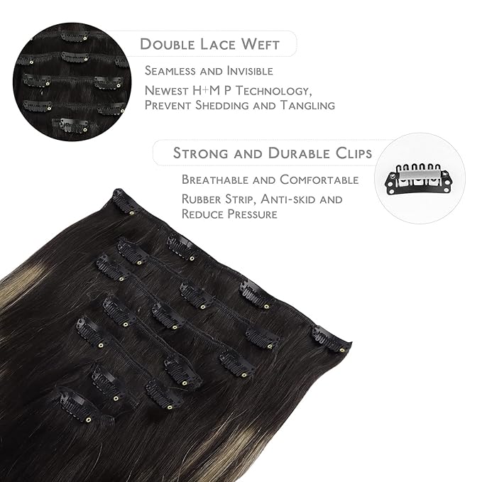 WENNALIFE Clip in Human Hair Extensions, 14 Inch 120g 7pcs Balayage Natural Black to Light Blonde Remy Clip in Hair Extensions Double Weft