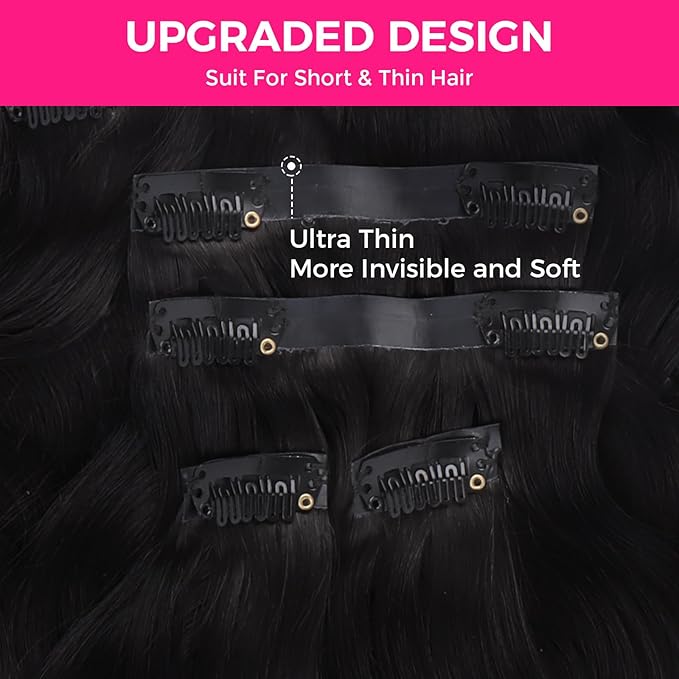 Lashey Seamless Clip in Hair Extensions Human Hair #1 Jet Black Body Wave 7pcs 110g 24 Inch Invisible PU Weft Clip in Hair Extensions Real Human Hair for Women