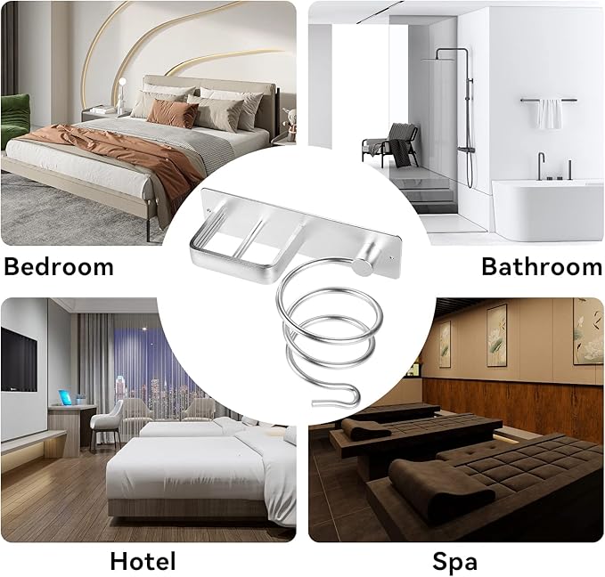 YUET Hair Dryer Holder Hairdryer Station Wall Mounted Spiral Shelf Bracket Stand Hanger Straightener Organizer Blow Storage with Holes Rack For Bathroom Aluminum Professional (Silver)