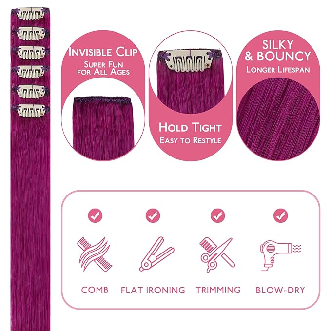 WENNALIFE Violet Clip in Hair Extensions Real Human Hair 35g 6pcs 14 Inch Colored Hair Extensions for Kids Women Colorful Hair Pieces Pop-up Style Straight Extensiones De Cabello Humano Con Clip