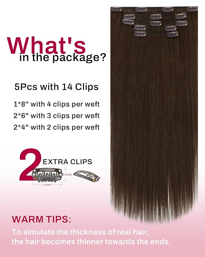 Moresoo Medium Brown Clip in Hair Extensions Remy Human Hair Brown Hair Extensions Clip ins Straight Double Weft for Wedding 80g/5pcs 18 inch