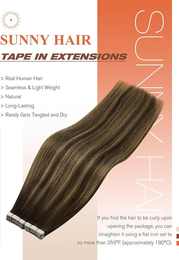 Sunny Hair Tape in Extensions for Women Real Hair 16 inch 100g Tape in Hair Extensions Human Hair Dark Brown Balayage Caramel Blonde Hair Extensions Tape in 40Pcs