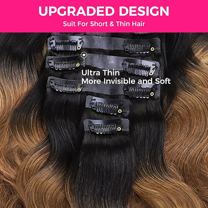Lashey Seamless Clip in Hair Extensions Human Hair 130g 9pcs 14 Inch Body Wave Ombre Natural Black to Medium Auburn Clip in Hair Extensions for Women