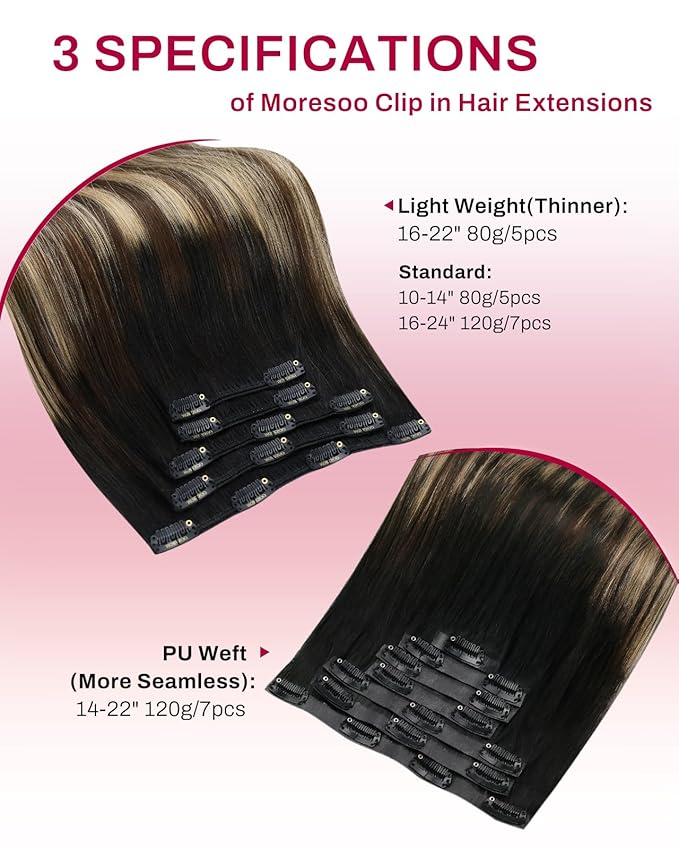 Moresoo Clip in Hair Extensions Real Human Hair Balayage Black to Dark Brown with Caramel Blonde 5pcs 80g Remy Straight Invisible Lace Double Weft Human Hair Clip in Extensions 16inch