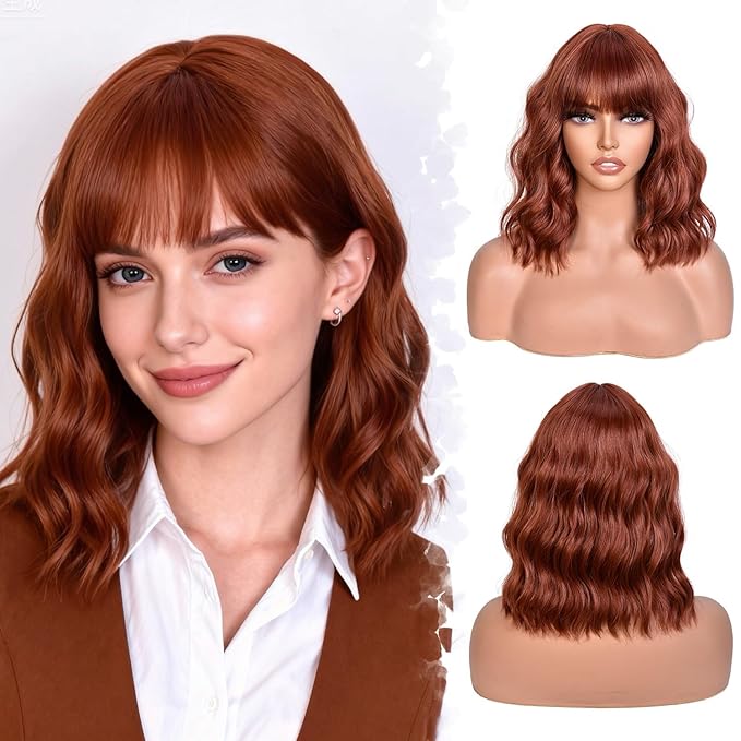 Bob Wig With Bangs Wave Wigs for Women 14 Inch Short Loose Wavy Heat Resistant Synthetic Wig Shoulder Length Hair for Daily and Cospaly Party Use (Auburn)