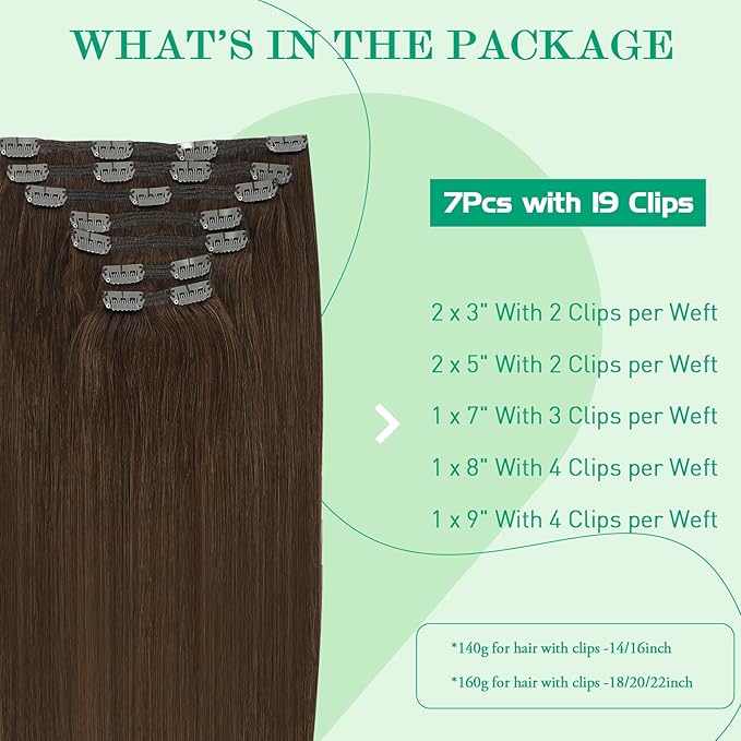 SURNEL Chocolate Brown Human Hair Clip-in Extensions 20 Inch 160g 7pcs (#4-20'')