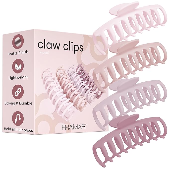 FRAMAR Large Claw Clips For Thick Hair – Large Hairclip Thick Hair, Big Hair Claws Clip For Women, Pink Hairclips, Pink Claw Clip - 4 Pack Non Slip Matte Finish