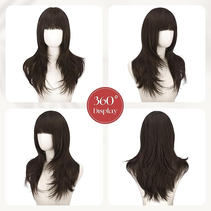 SOFEIYAN Long Straight Layered Wig with Bangs 24 Inch Synthetic Natural Hair Wig Soft Heat Resistant Long Wigs for Women Daily Party Use