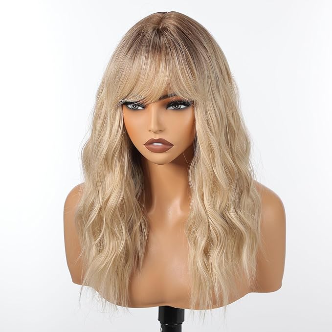 Curly Bob Wig with Bangs Short Wavy Ombre Blonde Wigs for Women Bob Style Synthetic Heat Resistant Bob Wigs 14IN