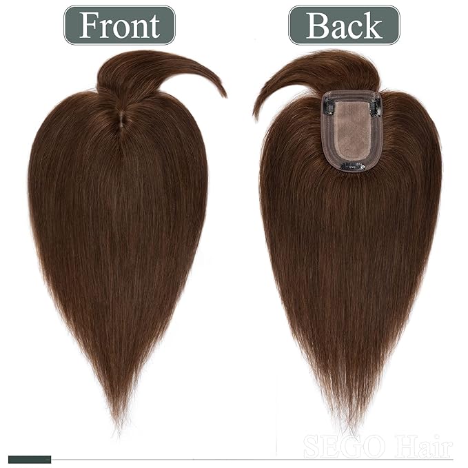 SEGO Hair Toppers for Women Real Human Hair with Thinning Hair, Toppers Hair Pieces Clip in Toppers Straight Hair Pieces with Front Bangs 150% Density Silk Base -14 Inch #4 Medium Brown