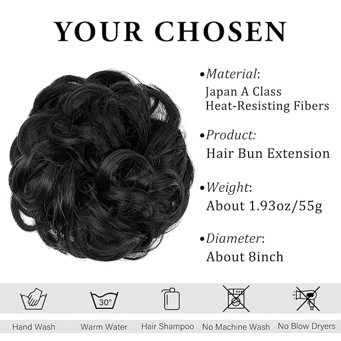 CJL HAIR Large Messy Bun Hair Piece Wavy Curly Scrunchies Synthetic Chignon Ponytail Hair Extensions Thick Updo Hairpieces for Women Off Black