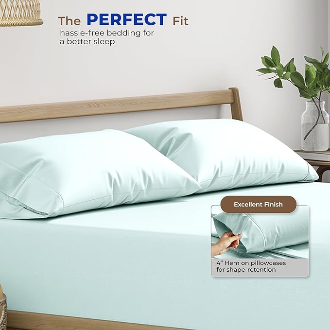 THREAD SPREAD 100% Egyptian Cotton Pillowcases King - 1000 Thread Count Pillow Cases King Size Set of 2, Soft Cooling & Breathable Extra Long Staple Sateen Weave Cotton Pillow Cover for Bed - Sea Foam