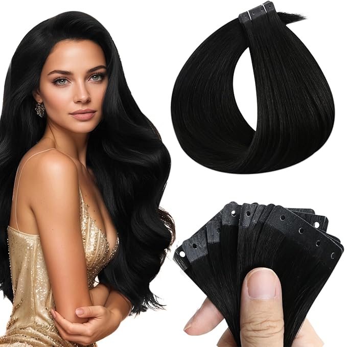 Full Shine Tape in Hair Extensions Tape Extensions Human Hair Color 1 Black 22INCH Invisible Seamless 20PCS 50G Black Hair Extensions Tape in with Holes Glueless Invisible Seamless Skin Weft