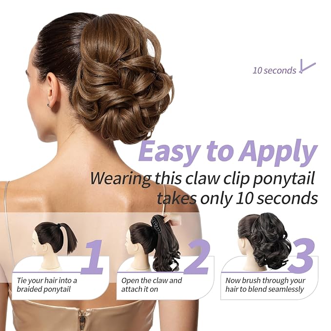 Brown Ponytail Extensions,9" Short Curly Wavy Claw Clip Pony tails Hair Extensions Natural Soft Synthetic Hairpiece for Women