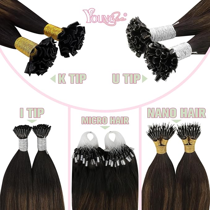 YoungSee Ktip Hair Extensions Balayage K Tip Human Hair Extensions Dark Brown with Medium Brown 14Inch Short 50s/50G