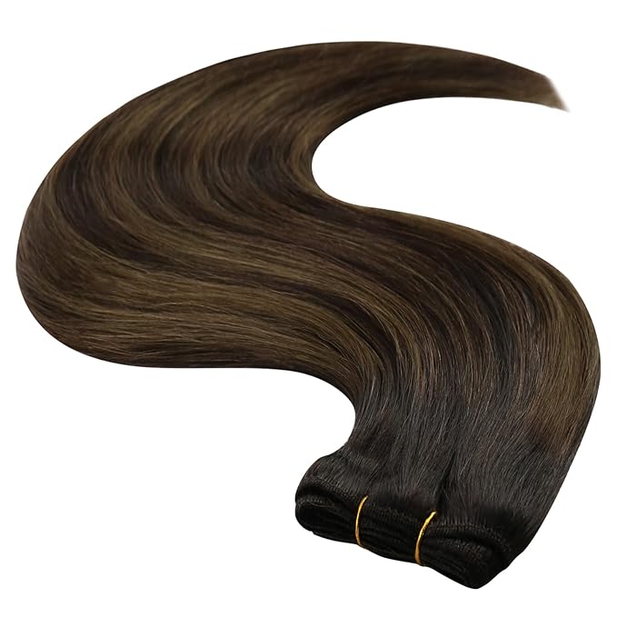 YoungSee 24Inch Sew in Hair Extensions Real Human Hair Brown Weft Hair Extensions Balayage Sew in Bundles Human Hair Dark Brown Mix Medium Brown Highlights 100G