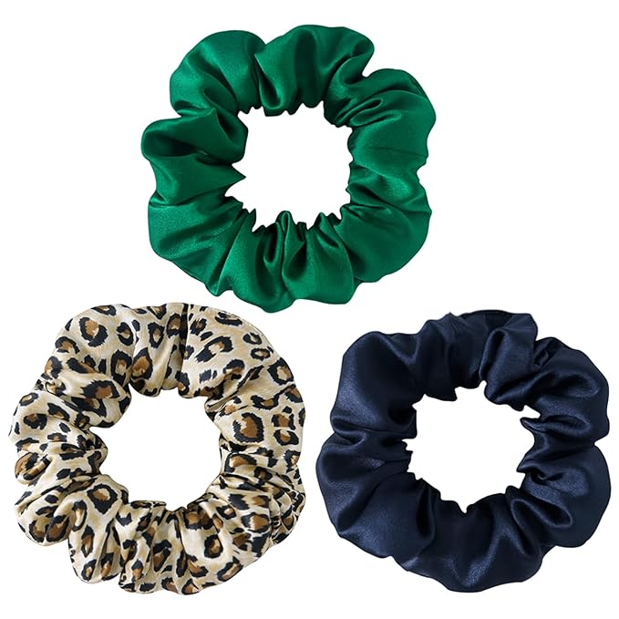 Silk Scrunchies For Hair, 3 Pack, 100% Mulberry Silk Hair Ties, 19 Momme, Natural Silk Elastic Hair Bands For Women And Girls'Hair Designed to Be Soft And Less Pulling (Emerald, Leopard,Navy Blue)