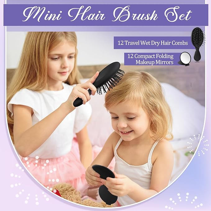 Meanplan 24 Pcs Mini Hair Brush Set 12 Travel Wet Dry Hair Combs Pocket Detangling 12 Compact Folding Makeup Mirrors for Spa Sleepover Birthday Bridal Shower Bachelorette Christmas Party Gift (Black)