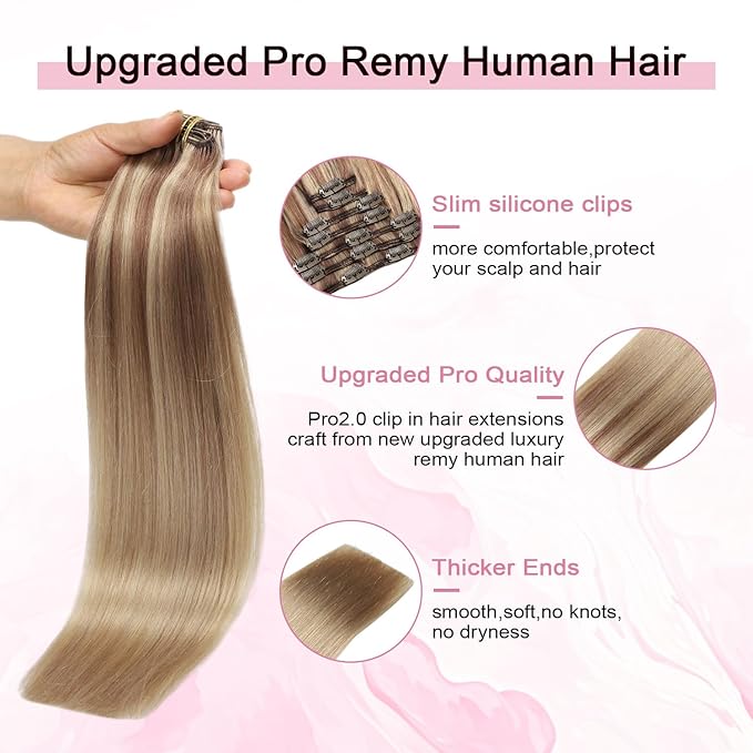 Pro2.0 Remy Real Human Hair Extensions Clip ins 120g Thick 7pcs Color #10/16/16 Ash Brown to Caramel Blonde Remy Clip in Hair Extensions Real Human Hair 16inch Double Weft（#10/16/16-16inch）