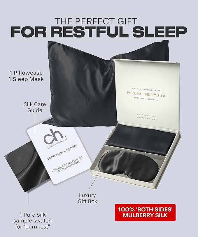 Colorado Home Co Silk Pillowcase for Hair and Skin - Black Queen Size 100% Silk Pillow Covers - 20x30 - Pillow Case for Acne with Eye Mask for Sleeping