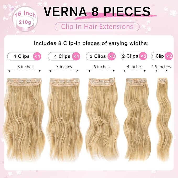 Clip in Hair Extensions for Women, 8PCS 16 Inch Wavy Honey Blonde Mix Beach Blonde Hair Extensions Clip Ins, Synthetic Hairpieces for Women