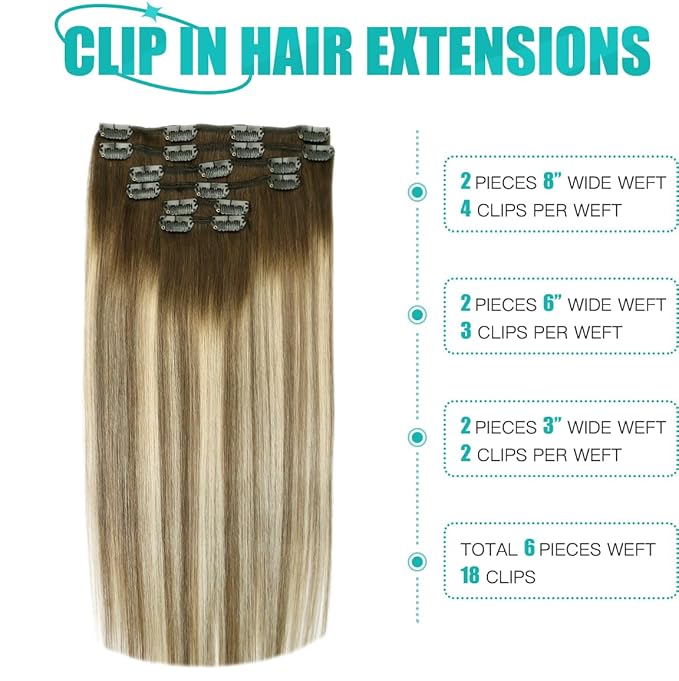 SURNEL Clip in Extensions Human Hair Balayage Walnut Brown to Ash Brown and Golden Blonde Clip in Hair Extensions 20inch 120g 6pcs(#3/8/22,20'')