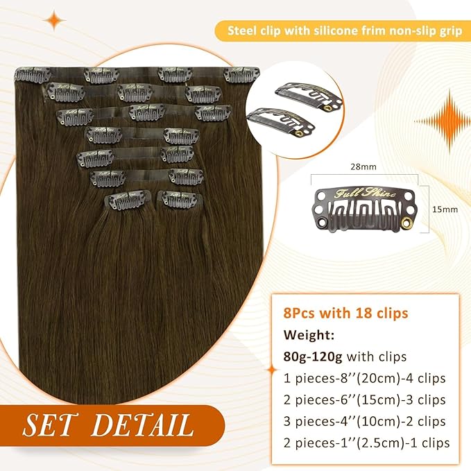 Full Shine Brown Clip in Hair Extensions Natural Brown Seamless Clip ins Full Head Invisible Hair Extension Human Hair Short Real Hair 14 Inch 8 PCS 120 G
