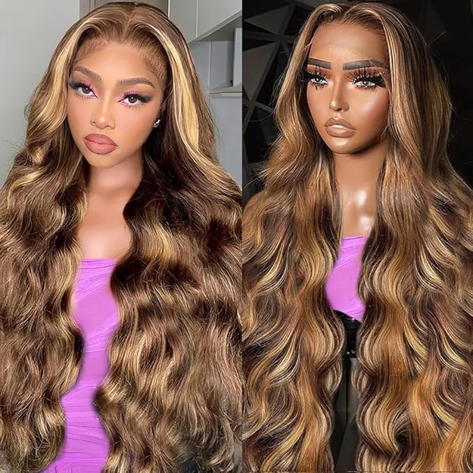 34 Inch 13x6 Lace Front Wigs Human Hair 200 Density P4/27 Highlight Ombre Body Wave HD Lace Front Wigs Human Hair Pre Plucked