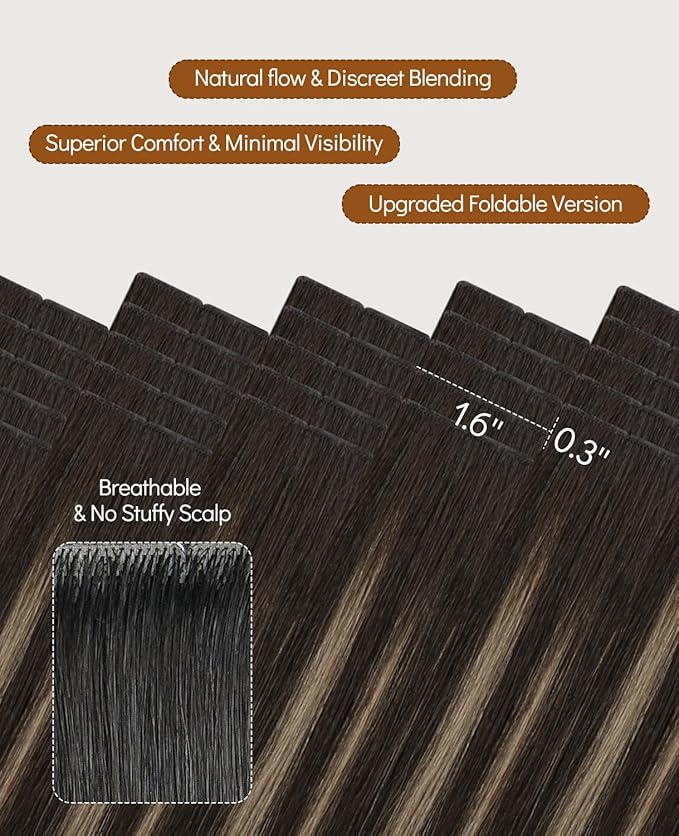 VINBAO 60g Invisi Edge Tape in Extensions Human Hair Balayage, Dark Brown Mixed Chestnut Brown Ombre 20pcs Injected Tape in Hair Extensions Invisible 22inch #2/6/2