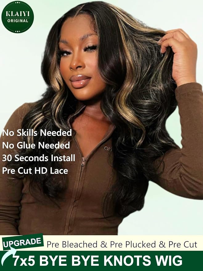 KLAIYI Bye Bye Knots Wear and Go Glueless Wig Highlight Blonde Body Wave 7x5 Pre Cut Lace Front Wig Human Hair Pre Plucked Bleached Ombre Hair with Dark Roots Chocolate Brown 30S Ready to Wear 24Inch