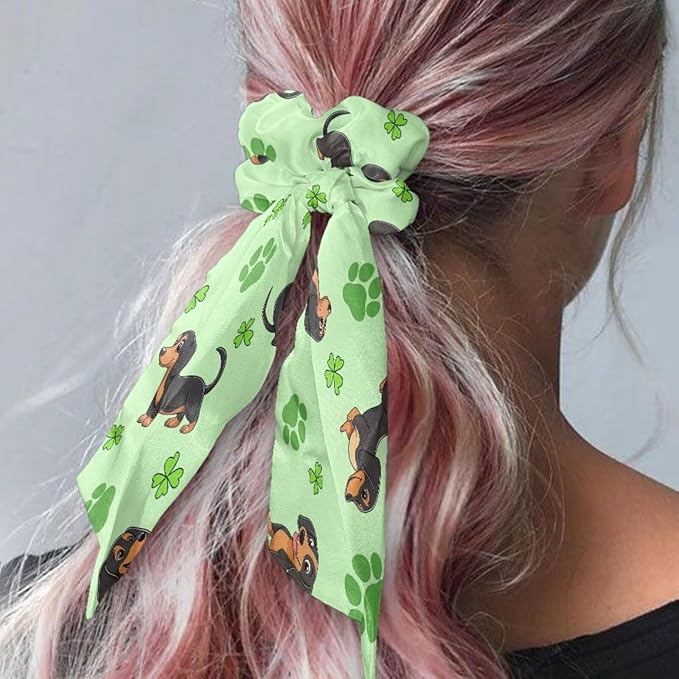 St Patricks Leaf Dachshund Hair Scarf Scrunchies for Women 2 Piece Music Note Ribbon Scrunchies for Ponytail Chic Knotted Bow No Damage Accessory