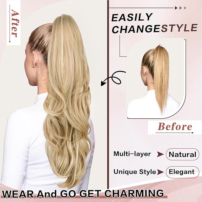 Blonde Ponytail Extension, Drawstring Ponytail Extension for Women 26 Inch Long Wavy Highlights Pony Tails Hair Extensions Synthetic Clip in Ponytail Hairpiece for Women(H24/88)