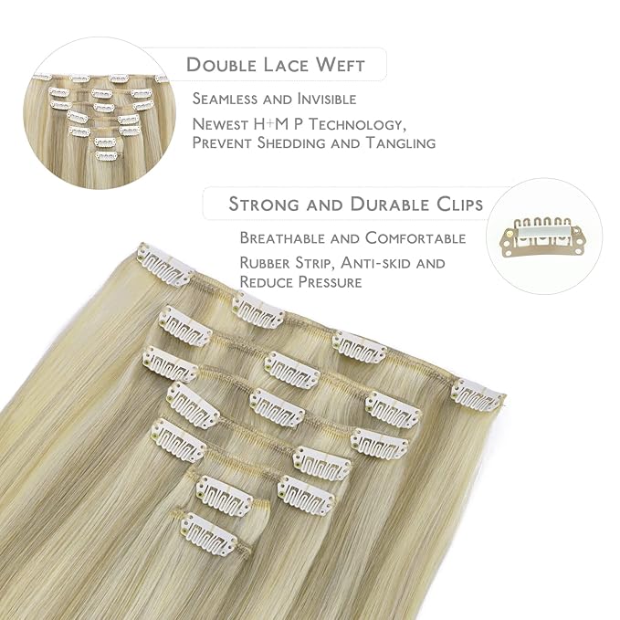 WENNALIFE Clip in Hair Extensions Real Human Hair, 24 Inch 140g 7pcs Remy Hair, Ash Blonde Highlighted Platinum Blonde Straight Natural Extensiones De Cabello Humano Con Clip Ins
