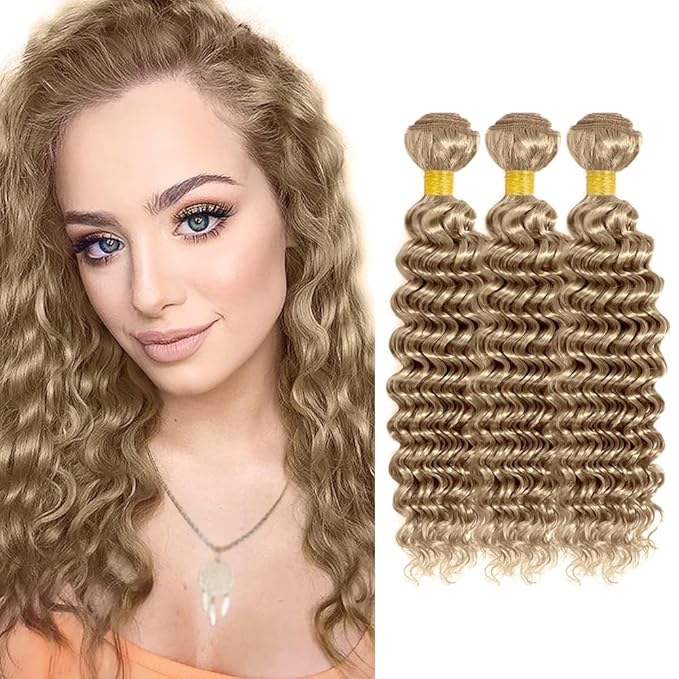 Ash Blonde Deep Wave Bundles Human Hair Color #22 Bundle Niegmeag Brazilian Virgin Remy Hair 3 Bundles 18 20 22 Inch Double Weft #22 Blonde Bundle Hair Weave