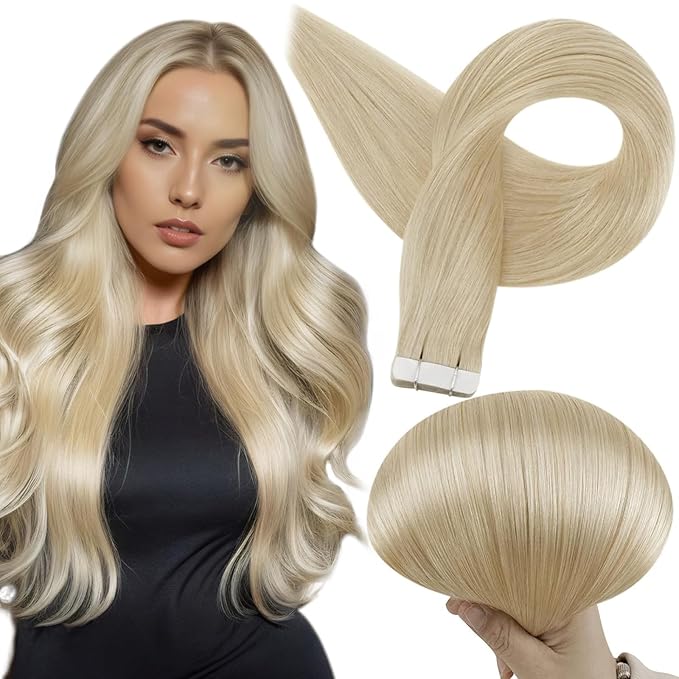 Full Shine Blonde Tape Hair Extensions Real Human Hair Color 613 Tape in Extensions Human Hair 26Inch Long Straight Extension Seamless Skin Weft for Women 50G Remy Brazilian Soft Extension 20Pcs