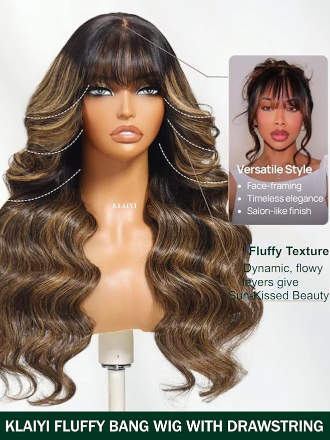 KLAIYI Ombre Brown Loose Body Wave Pre Everything Glueless 13x4 HD Lace Front Human Hair Wig with Natural Bang Highlight Balayage Brown Precut Lace Pre Plucked Bye Bye Knots Drawstring Wig 180% 22Inch
